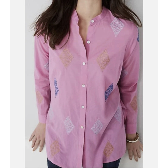 J. JILL Tunic Shirt Camellia Pink Embroidered Cotton Button Up LS Boho - Picture 3 of 12